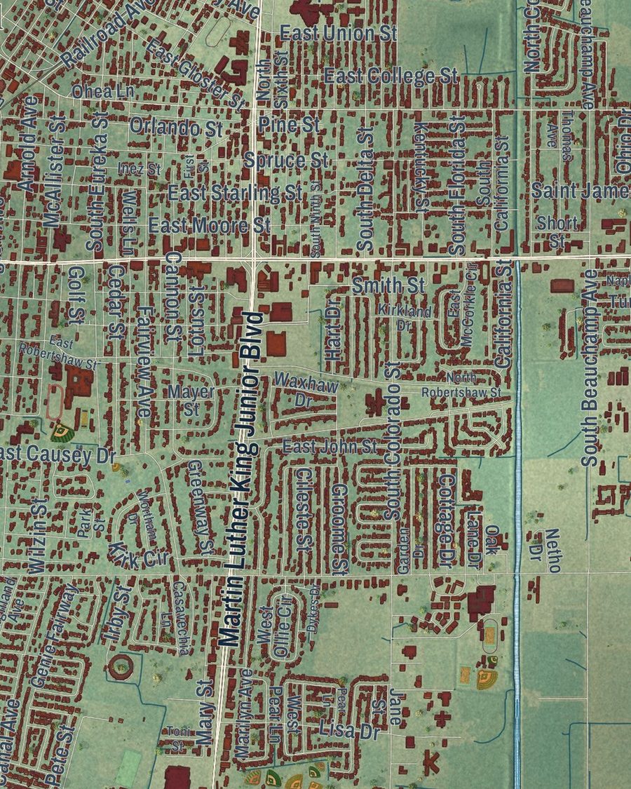 Close-up of Greenville streets on the map