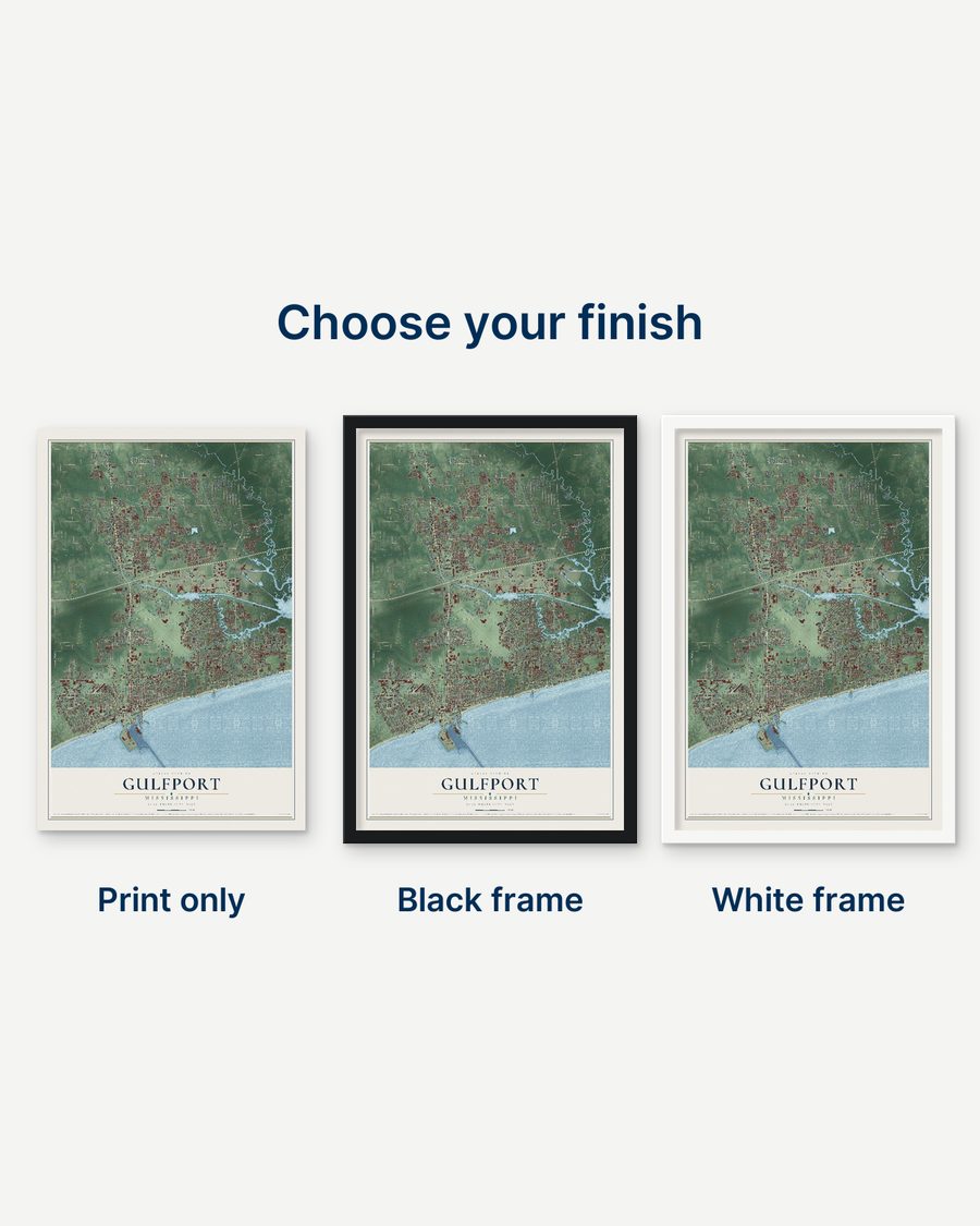 The Gulfport, Mississippi map as a print only, in a black frame and in a white frame