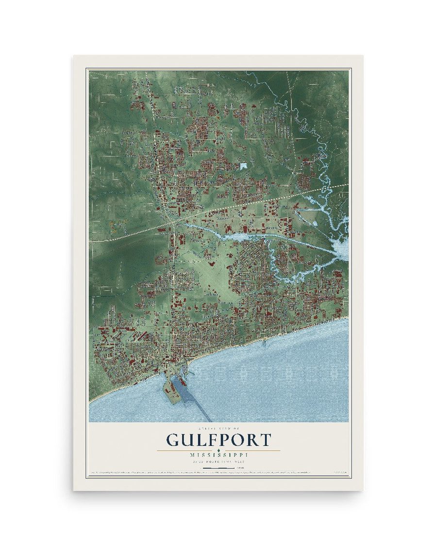 Gulfport, Mississippi map print, 12 x 18 in, print only