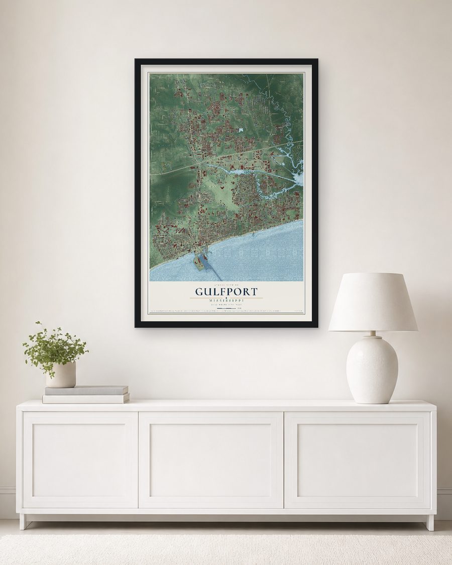 The Gulfport, Mississippi map, 24 x 36 in, in a black wood frame on a living room wall