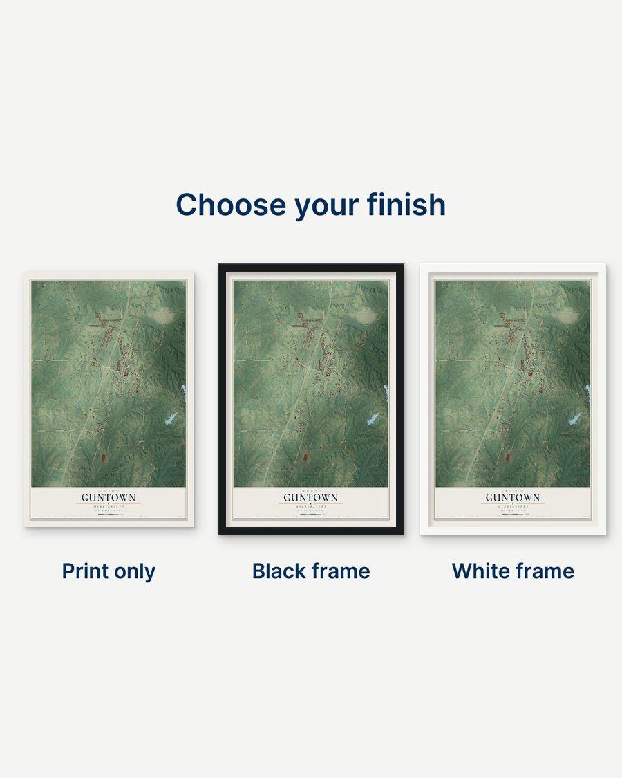 The Guntown, Mississippi map as a print only, in a black frame and in a white frame