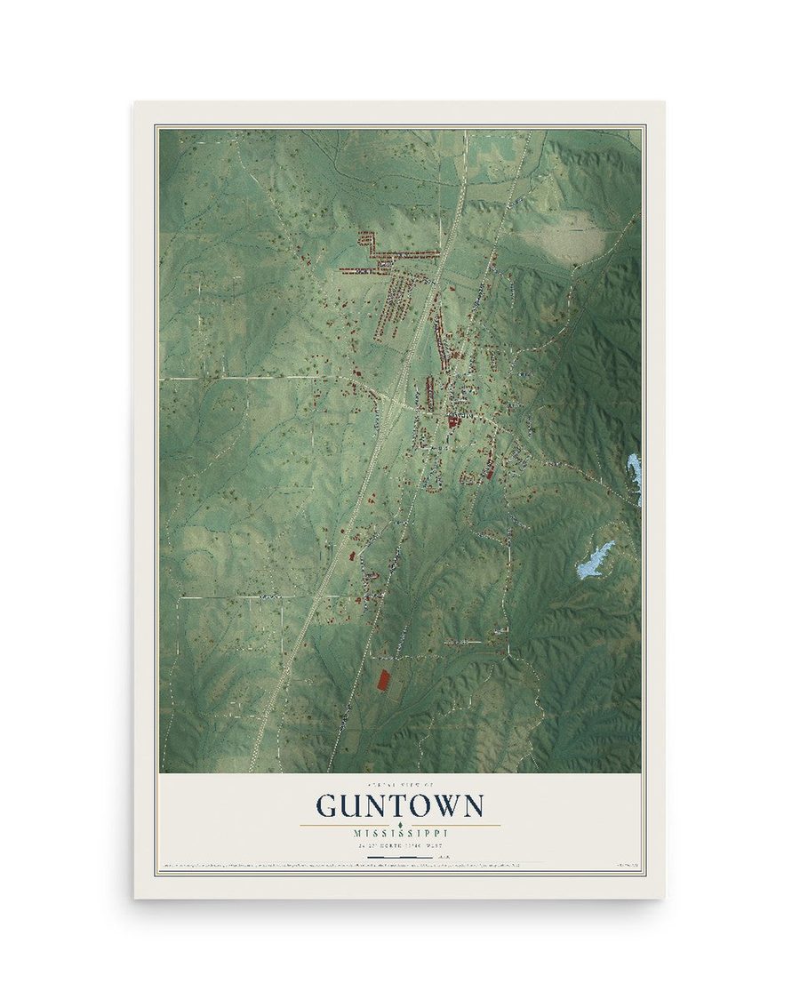 Guntown, Mississippi map print, 12 x 18 in, print only