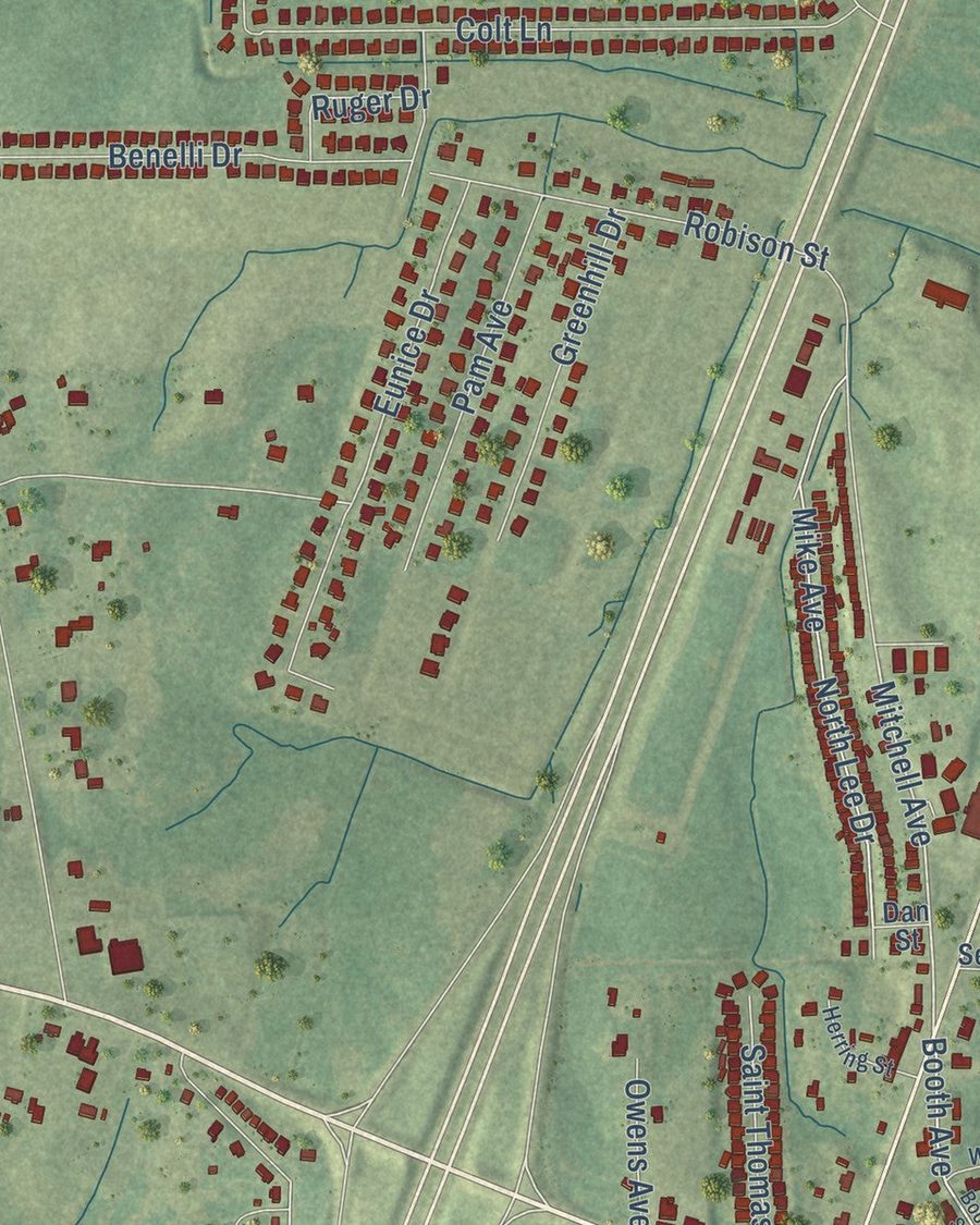 Close-up of Guntown streets on the map