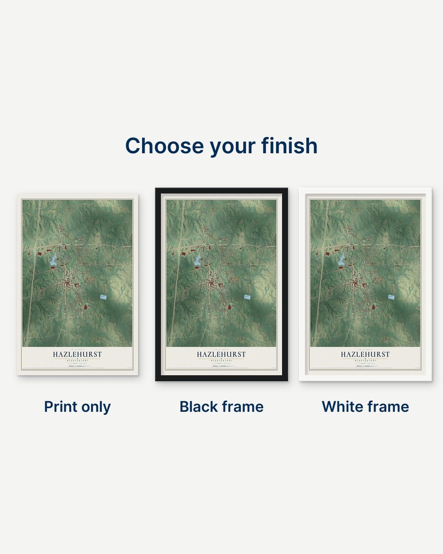 The Hazlehurst, Mississippi map as a print only, in a black frame and in a white frame