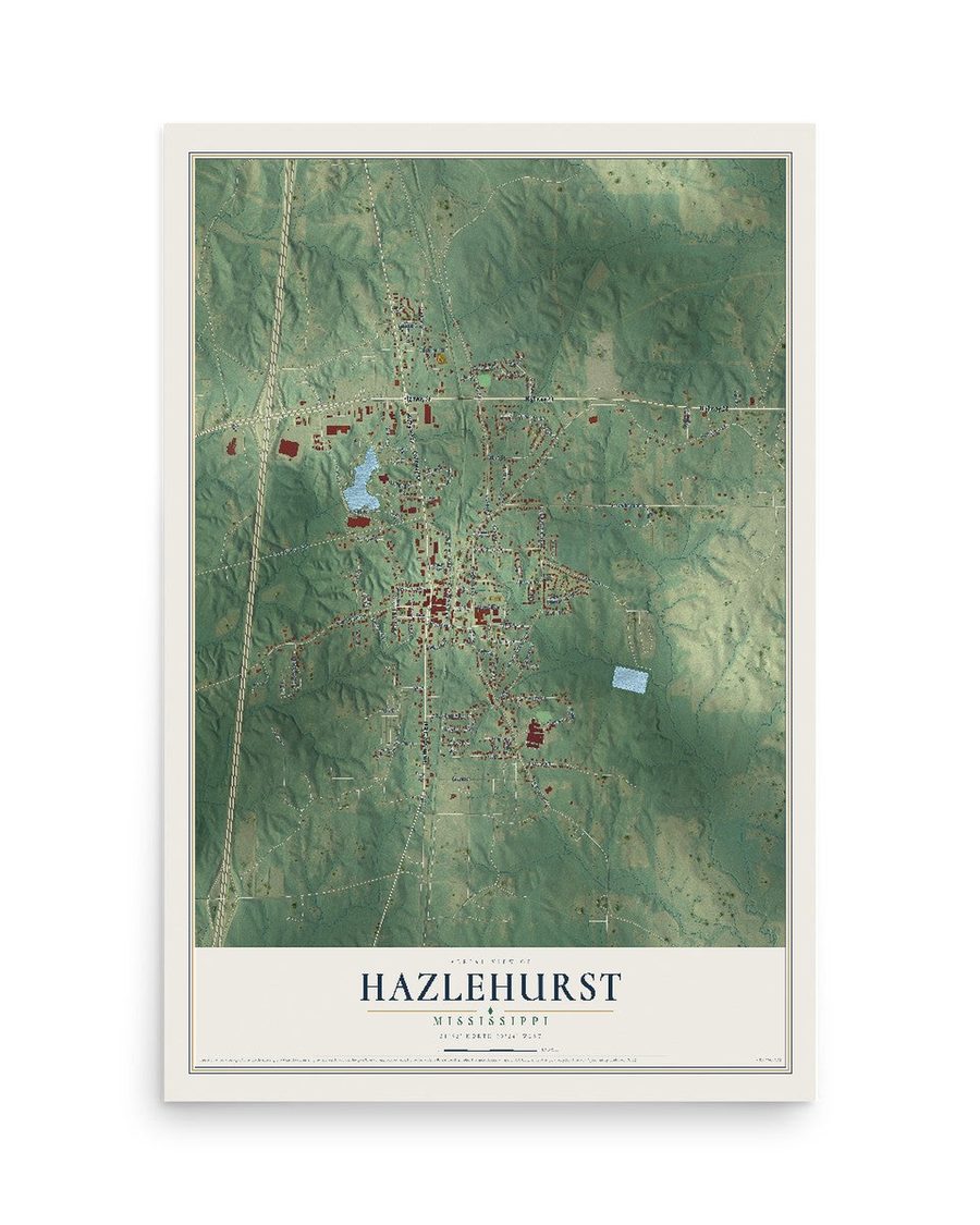 Hazlehurst, Mississippi map print, 12 x 18 in, print only