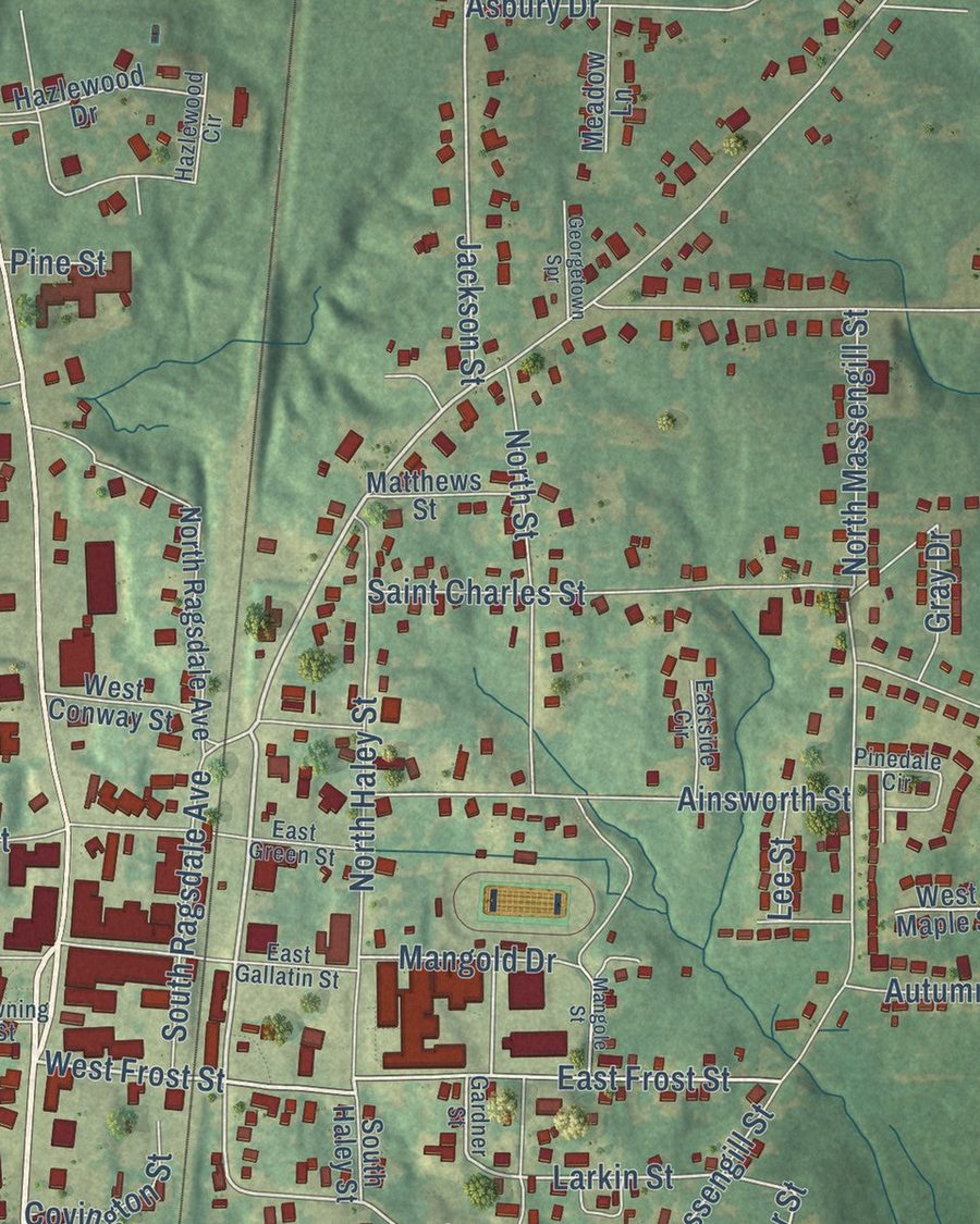 Close-up of Hazlehurst streets on the map
