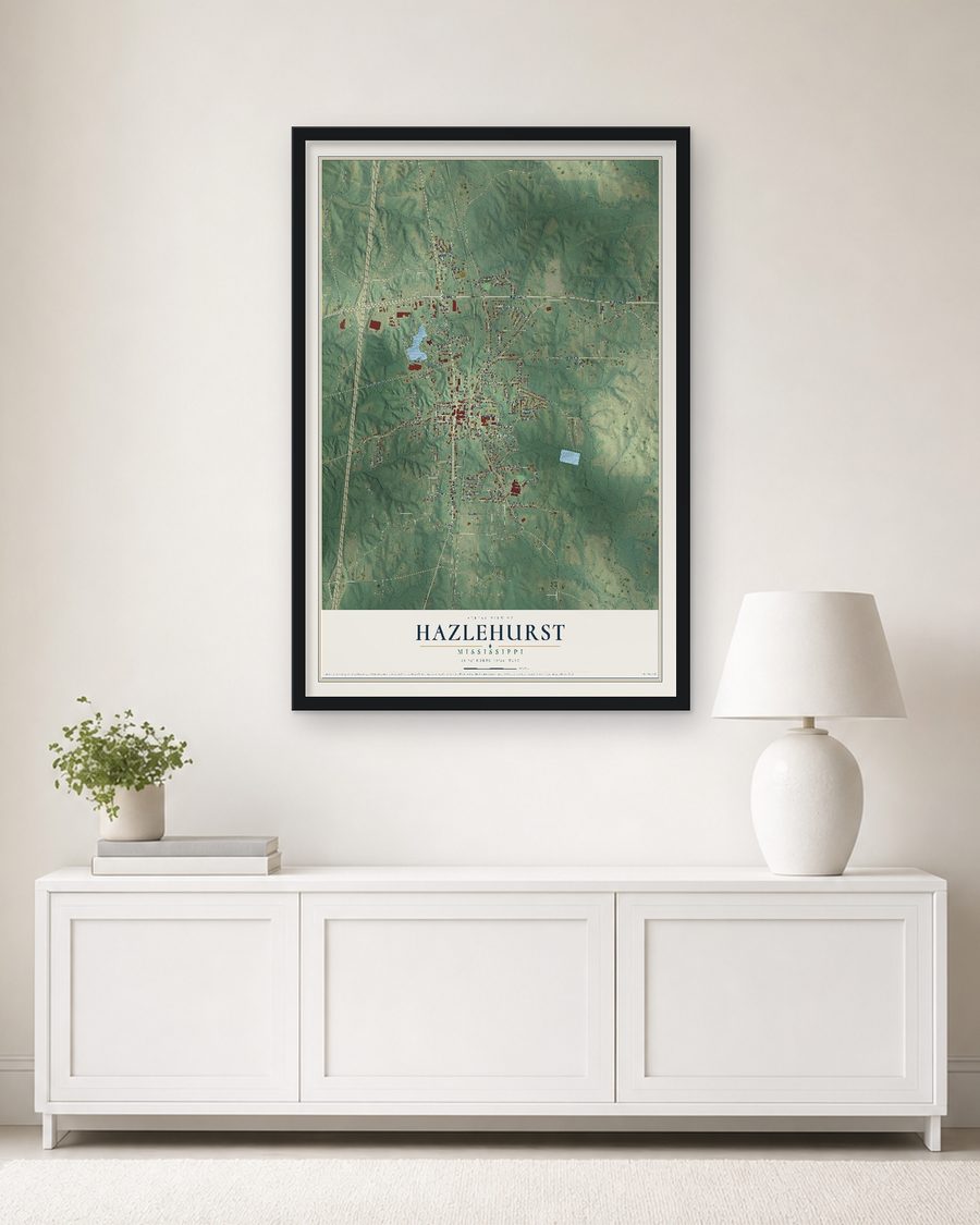 The Hazlehurst, Mississippi map, 24 x 36 in, in a black wood frame on a living room wall
