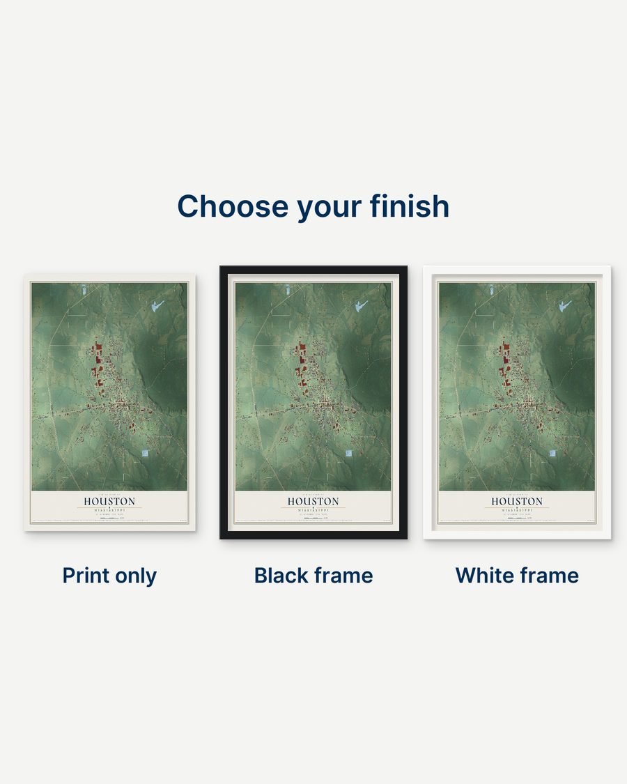 The Houston, Mississippi map as a print only, in a black frame and in a white frame