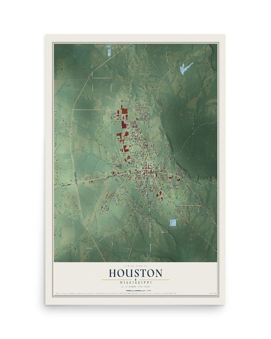 Houston, Mississippi map print, 12 x 18 in, print only