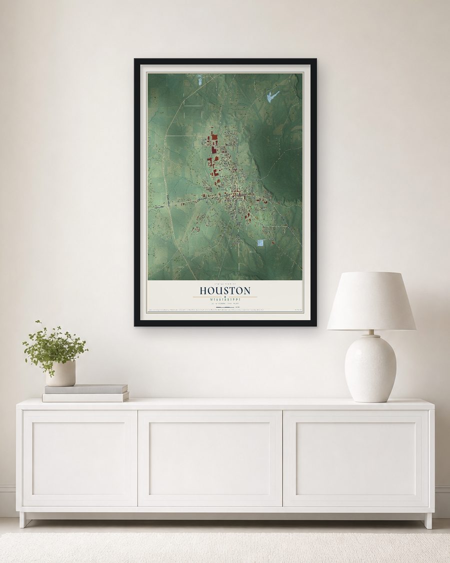 The Houston, Mississippi map, 24 x 36 in, in a black wood frame on a living room wall