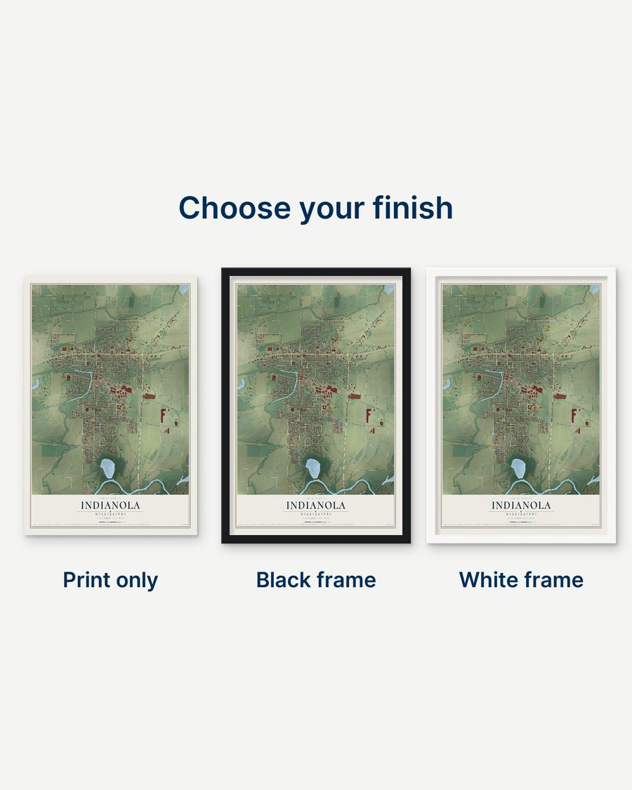 The Indianola, Mississippi map as a print only, in a black frame and in a white frame