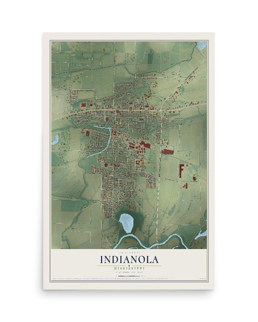 Indianola, Mississippi map print, 12 x 18 in, print only