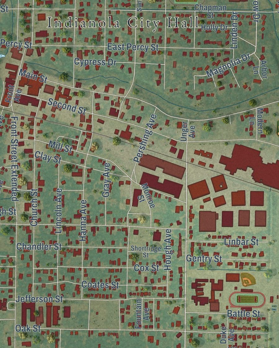 Close-up of Indianola streets on the map