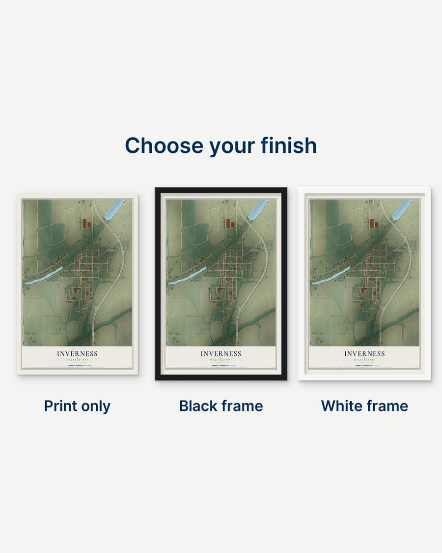 The Inverness, Mississippi map as a print only, in a black frame and in a white frame