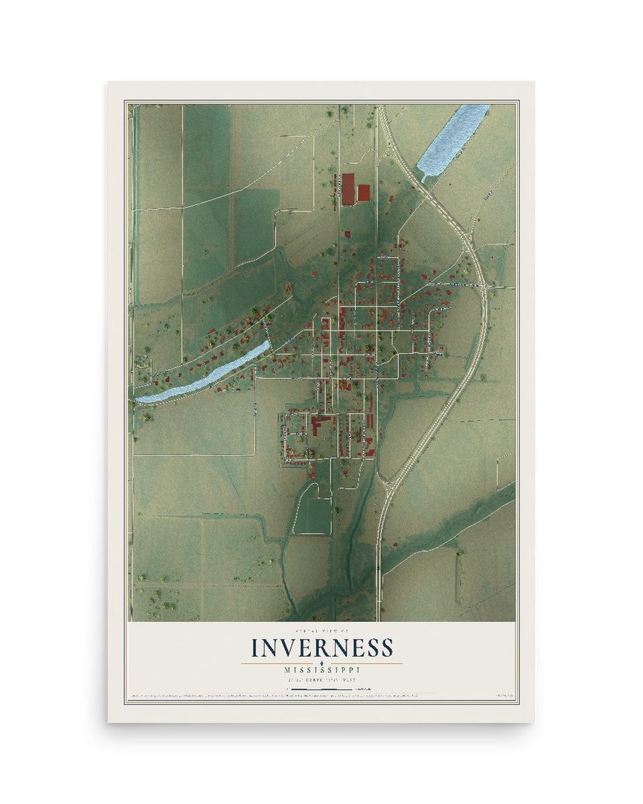 Inverness, Mississippi map print, 12 x 18 in, print only