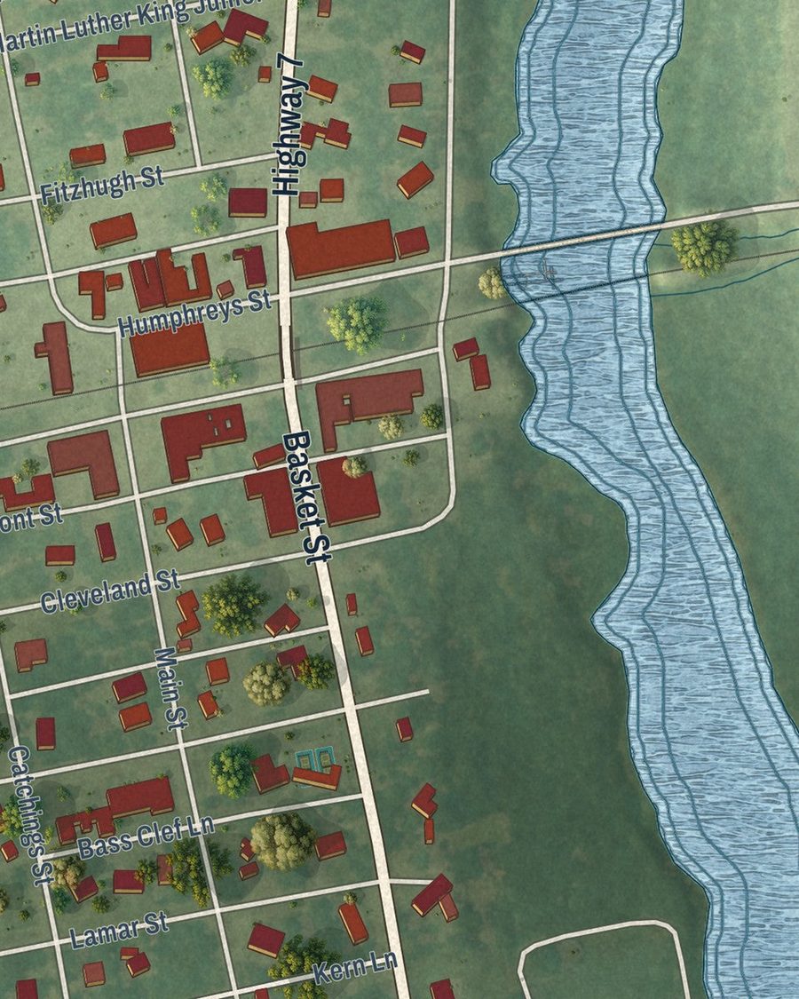 Close-up of Itta Bena streets on the map