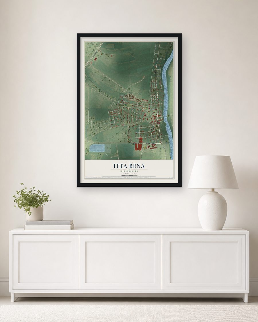 The Itta Bena, Mississippi map, 24 x 36 in, in a black wood frame on a living room wall