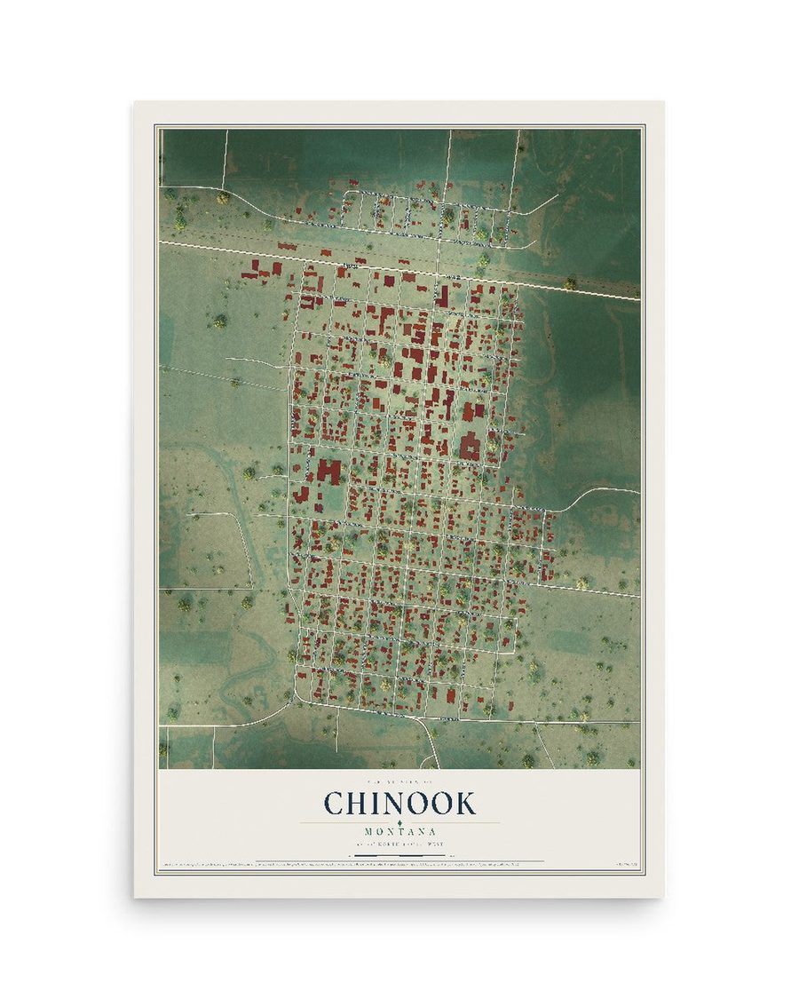 Chinook, Montana map print, 12 x 18 in, print only