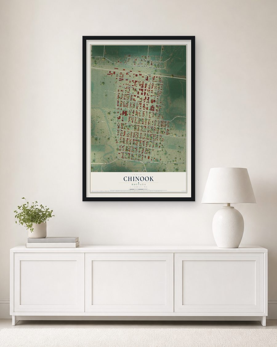 The Chinook, Montana map, 24 x 36 in, in a black wood frame on a living room wall