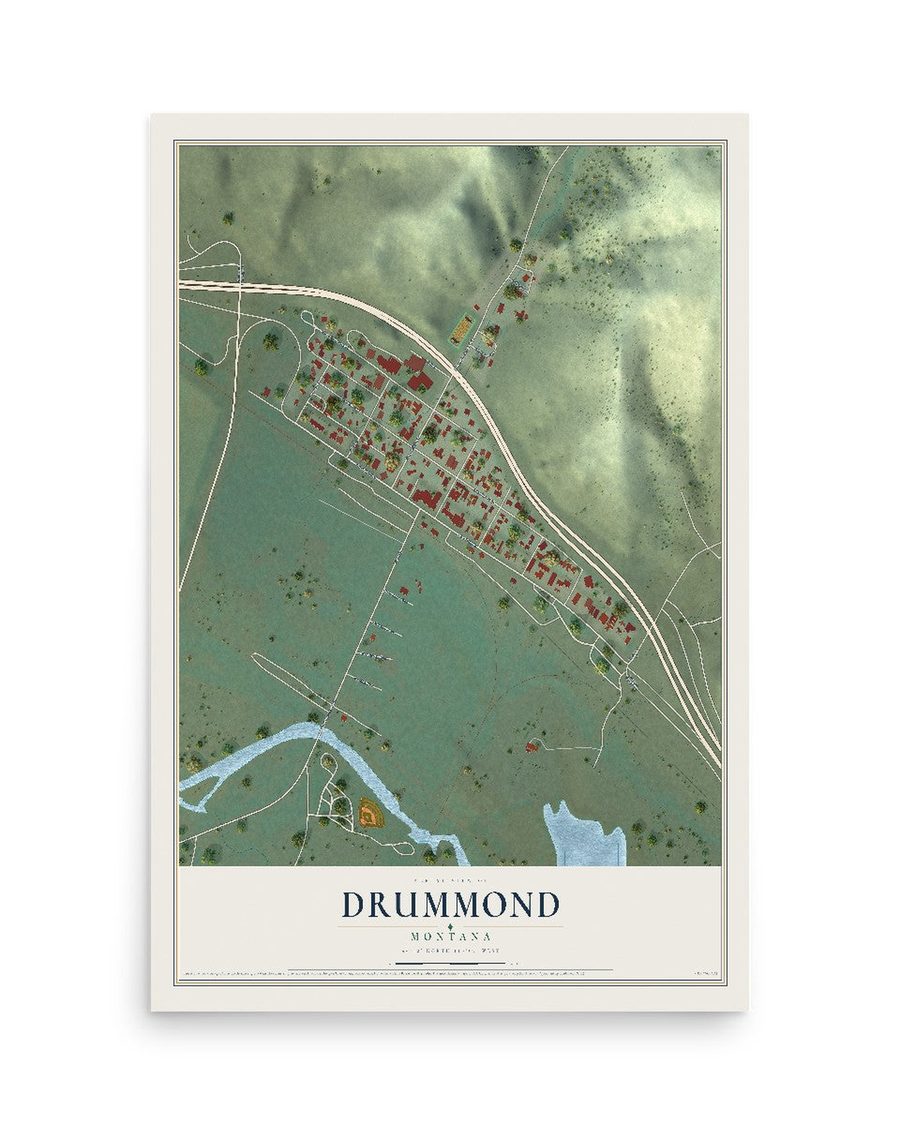 Drummond, Montana map print, 12 x 18 in, print only