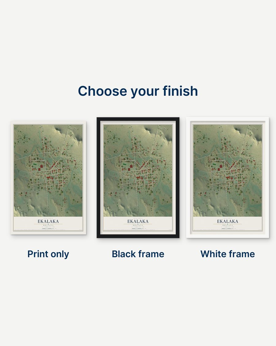 The Ekalaka, Montana map as a print only, in a black frame and in a white frame