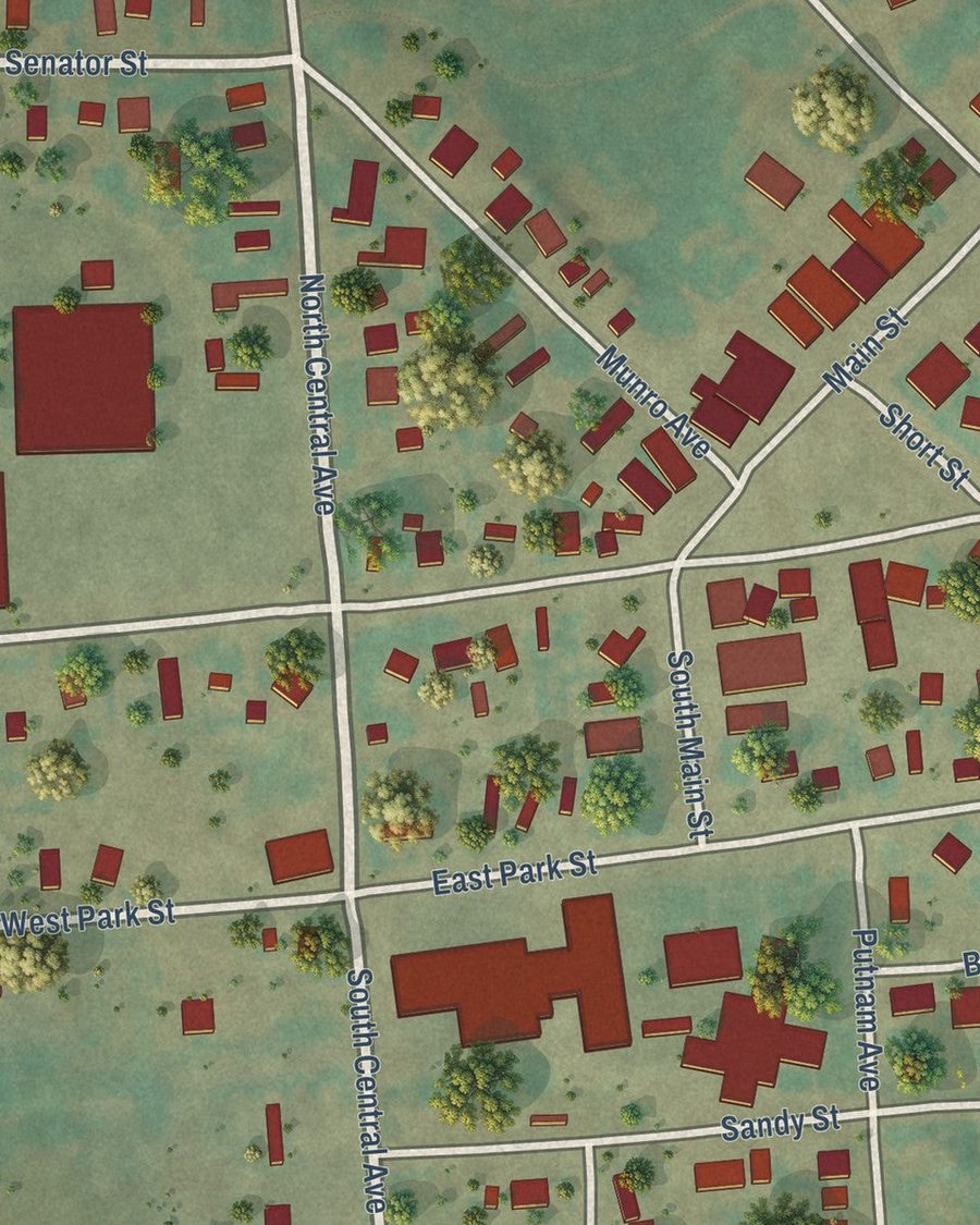 Close-up of Ekalaka streets on the map