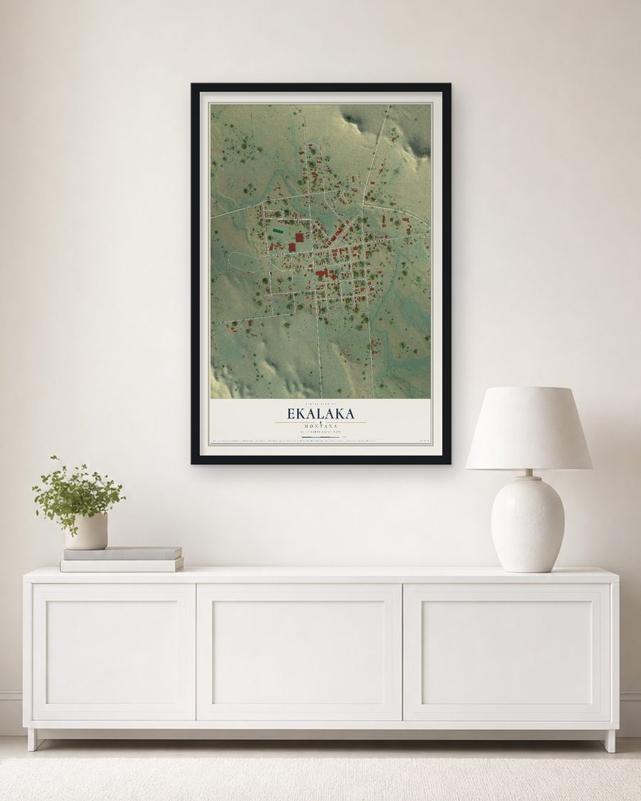 The Ekalaka, Montana map, 24 x 36 in, in a black wood frame on a living room wall