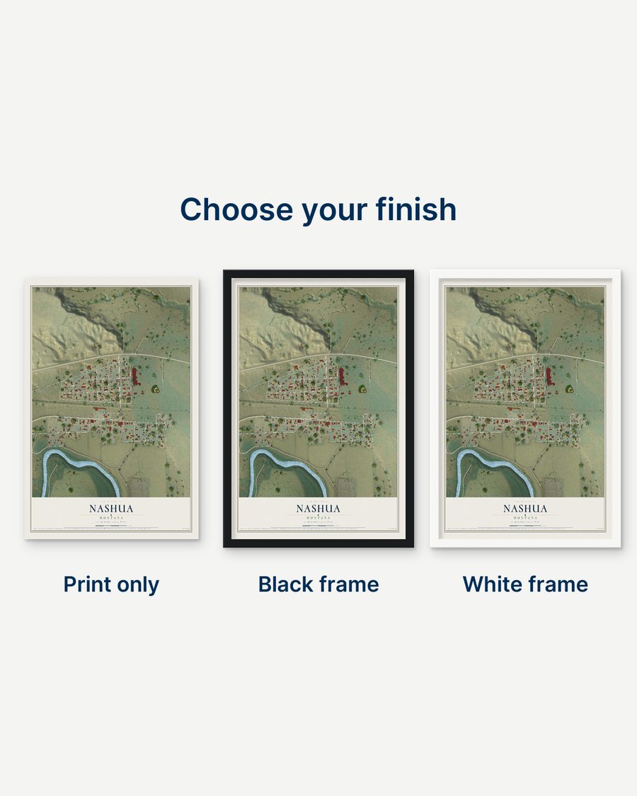 The Nashua, Montana map as a print only, in a black frame and in a white frame