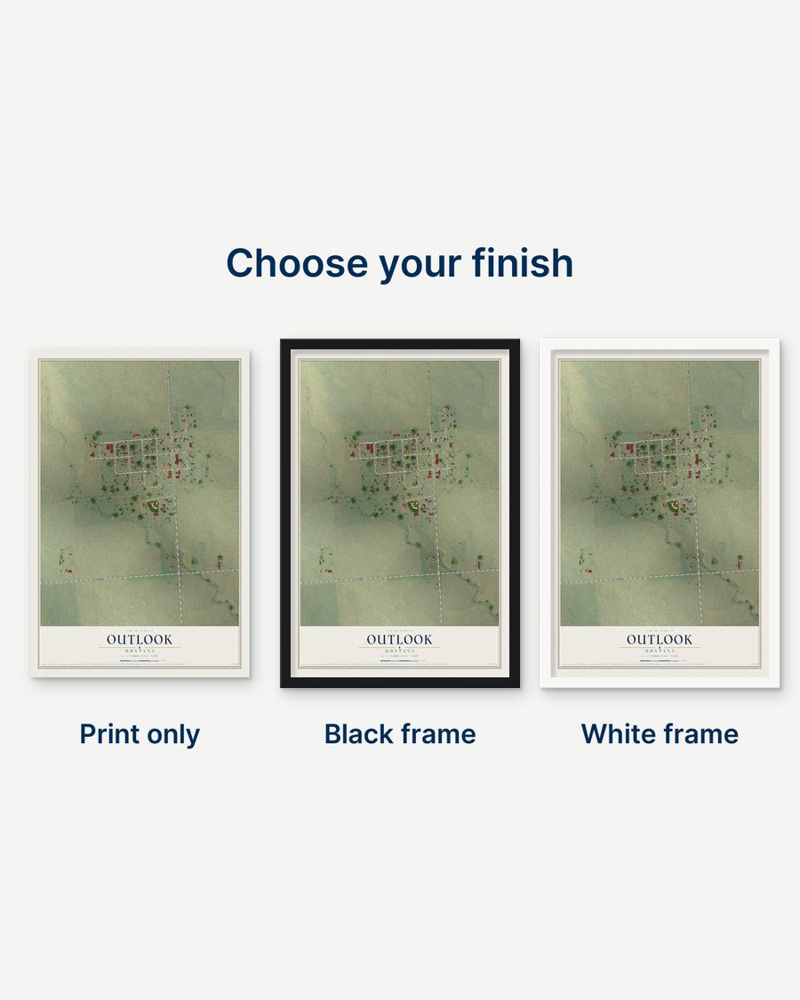 The Outlook, Montana map as a print only, in a black frame and in a white frame