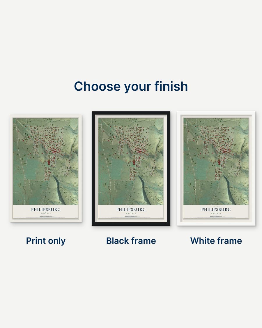 The Philipsburg, Montana map as a print only, in a black frame and in a white frame