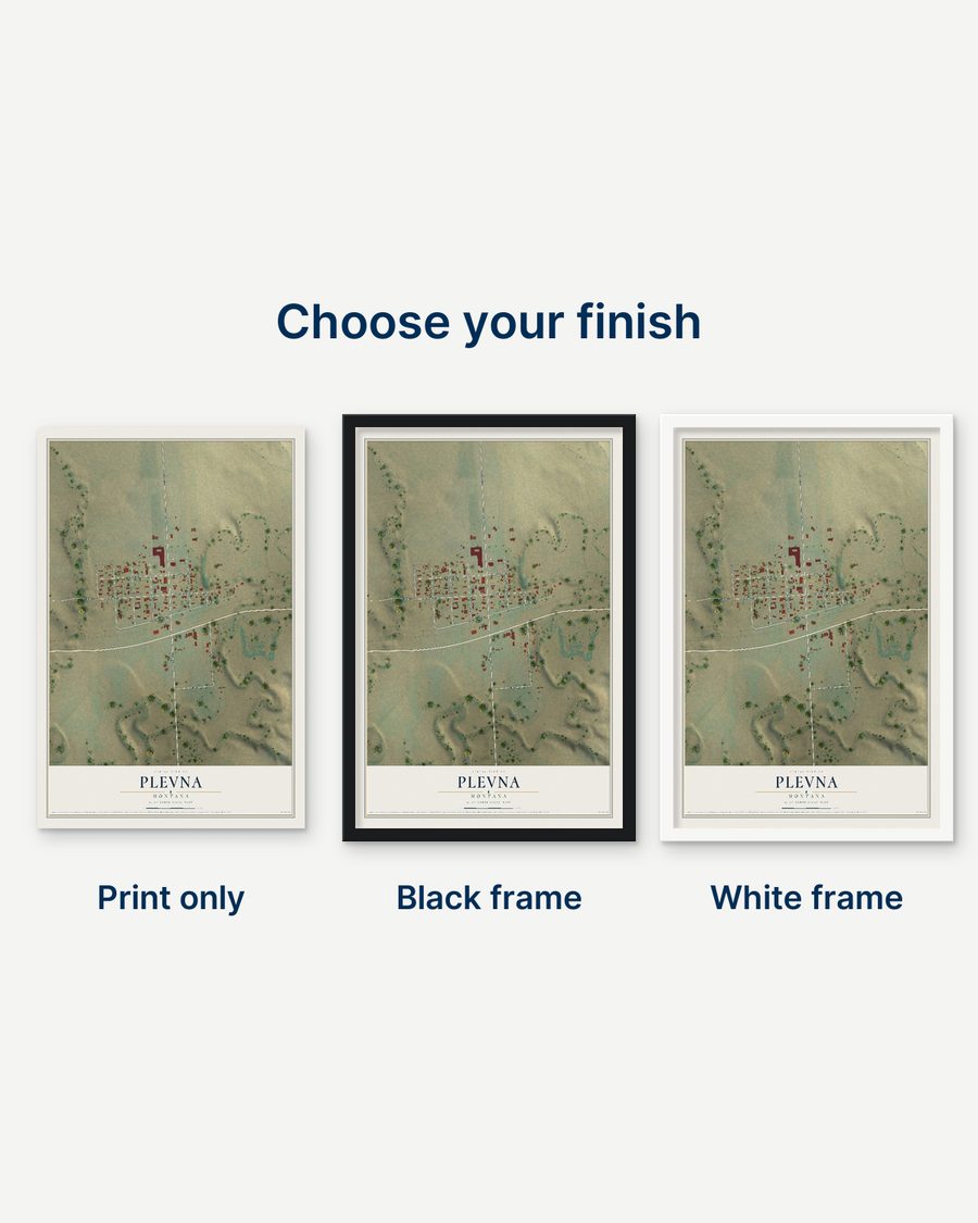 The Plevna, Montana map as a print only, in a black frame and in a white frame