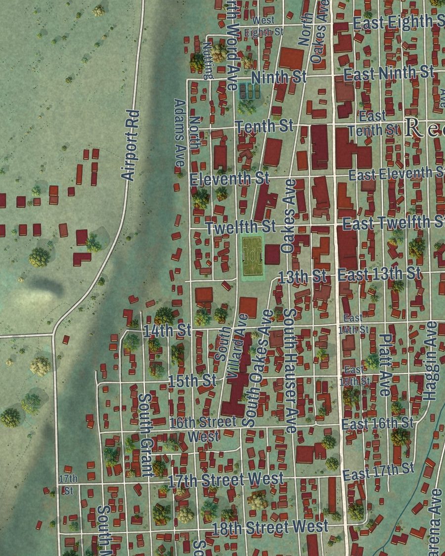 Close-up of Red Lodge streets on the map