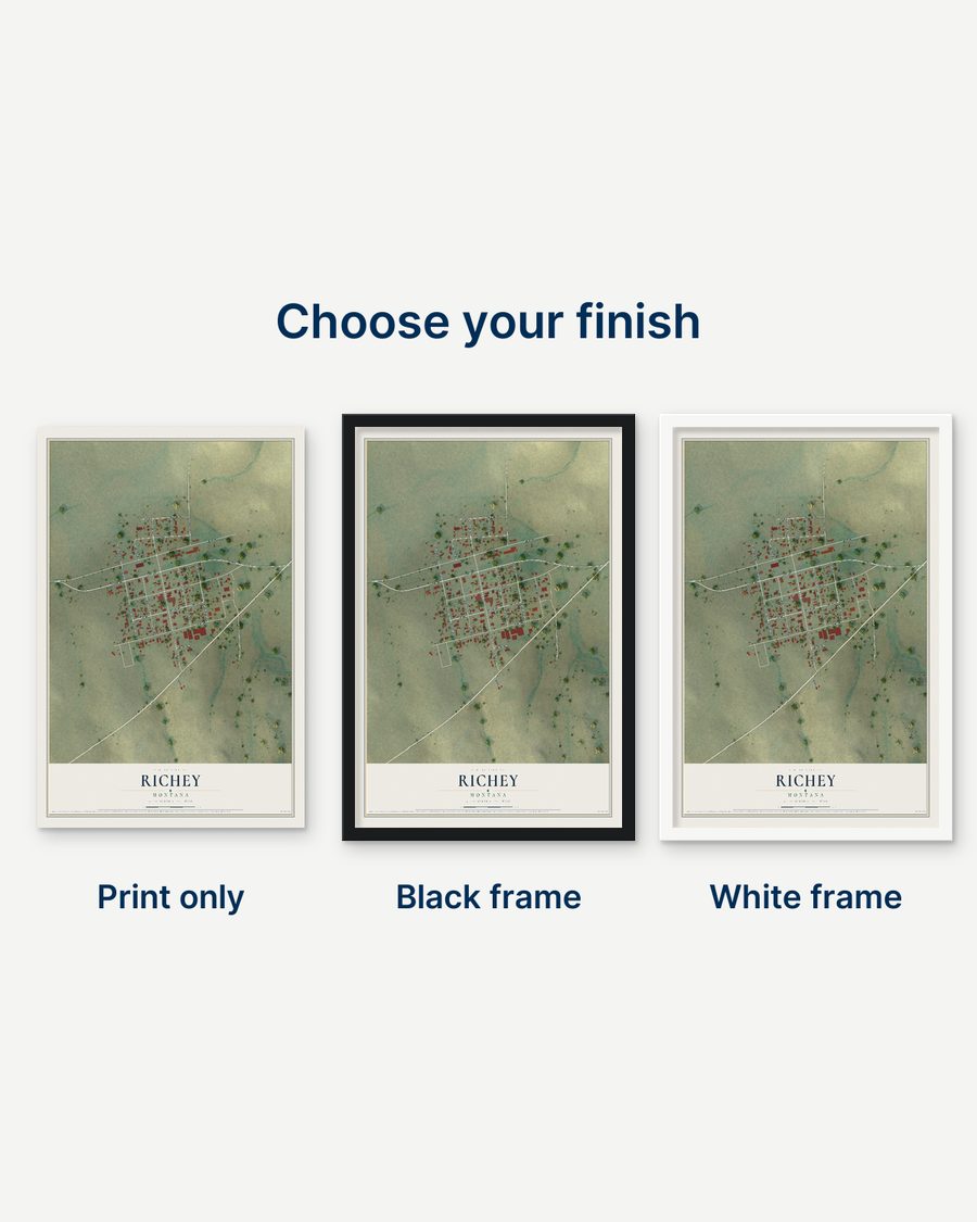 The Richey, Montana map as a print only, in a black frame and in a white frame