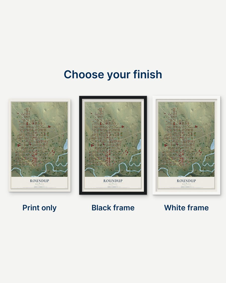 The Roundup, Montana map as a print only, in a black frame and in a white frame