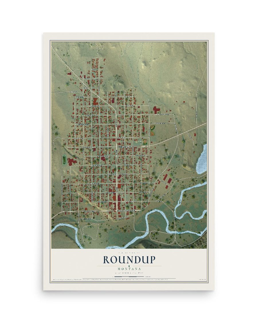Roundup, Montana map print, 12 x 18 in, print only