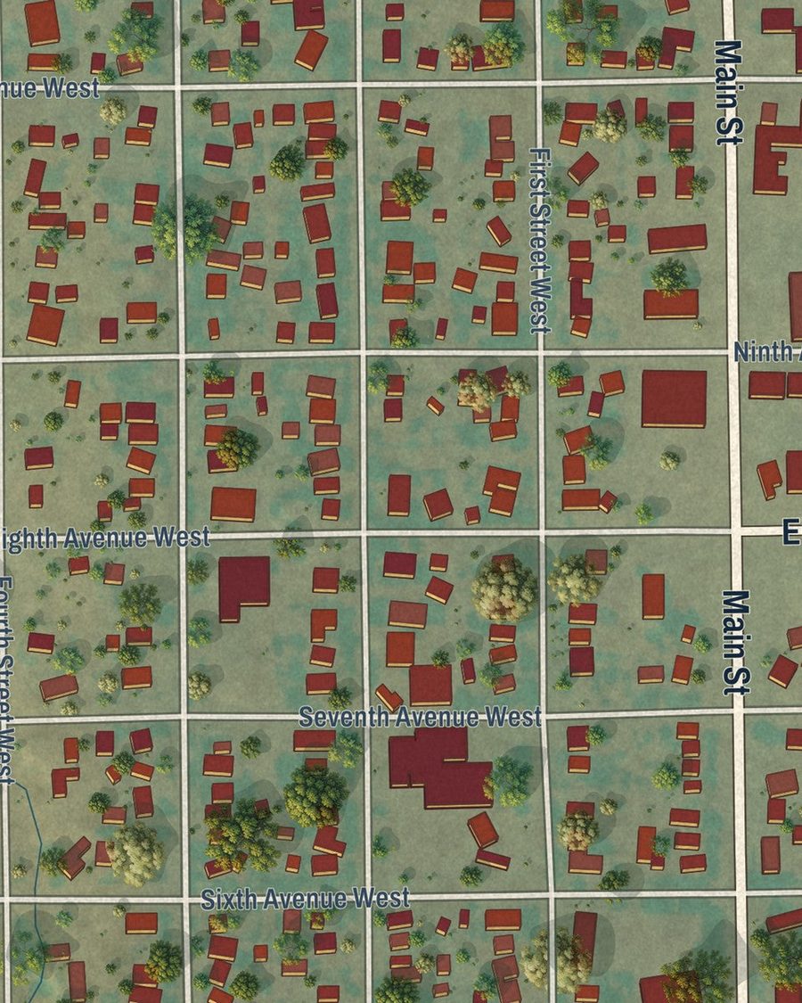 Close-up of Roundup streets on the map