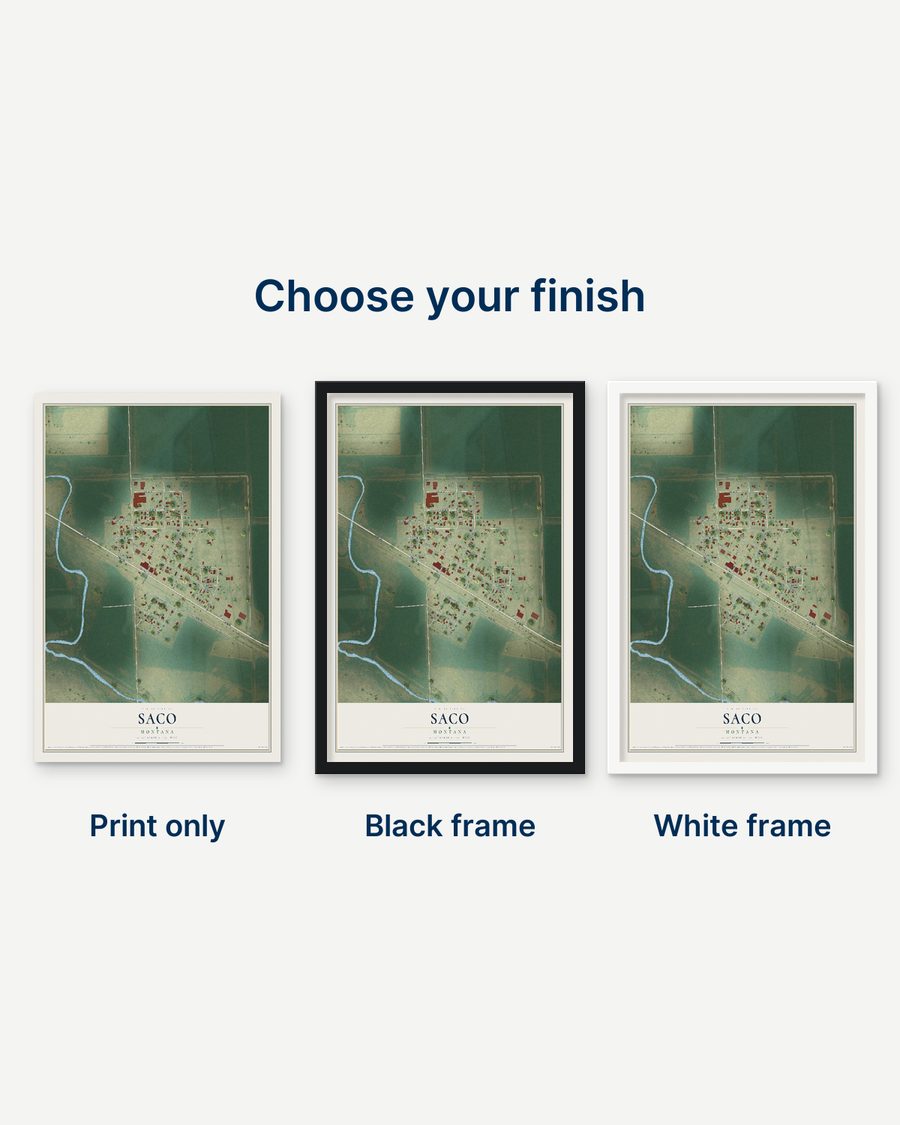 The Saco, Montana map as a print only, in a black frame and in a white frame