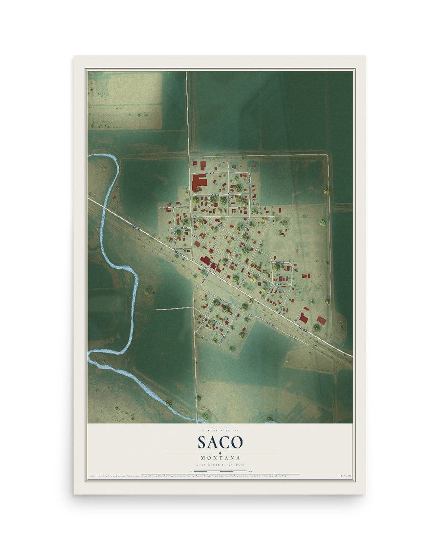 Saco, Montana map print, 12 x 18 in, print only
