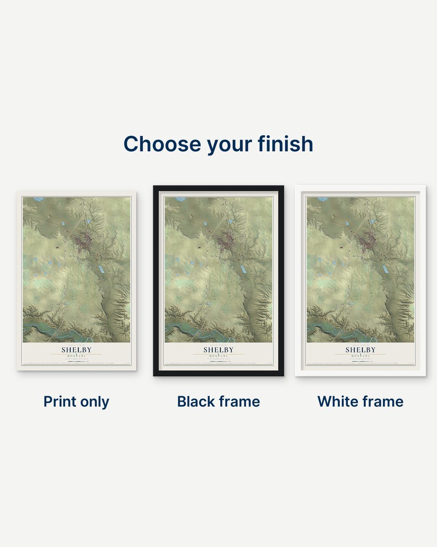 The Shelby, Montana map as a print only, in a black frame and in a white frame