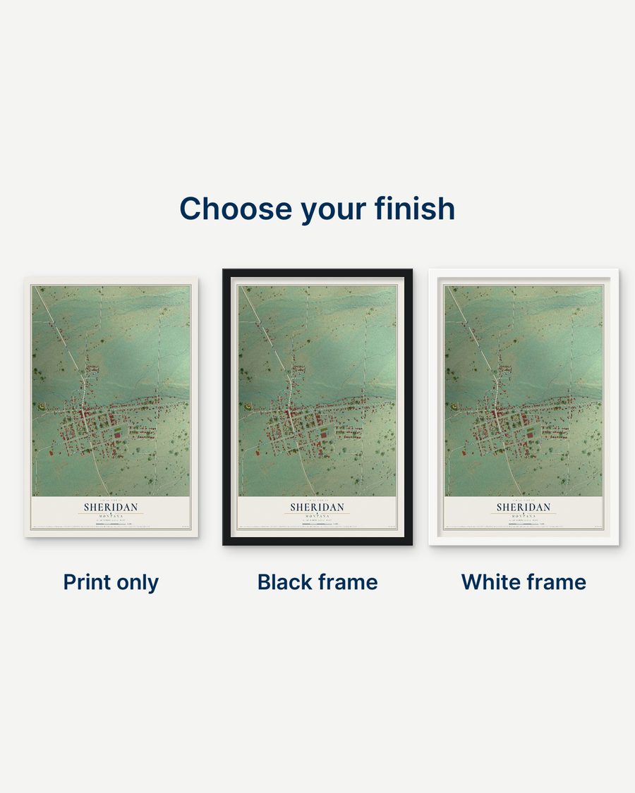 The Sheridan, Montana map as a print only, in a black frame and in a white frame