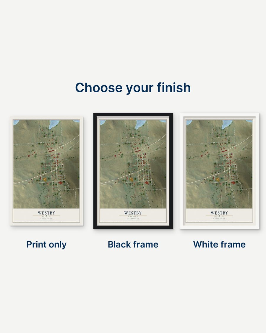 The Westby, Montana map as a print only, in a black frame and in a white frame
