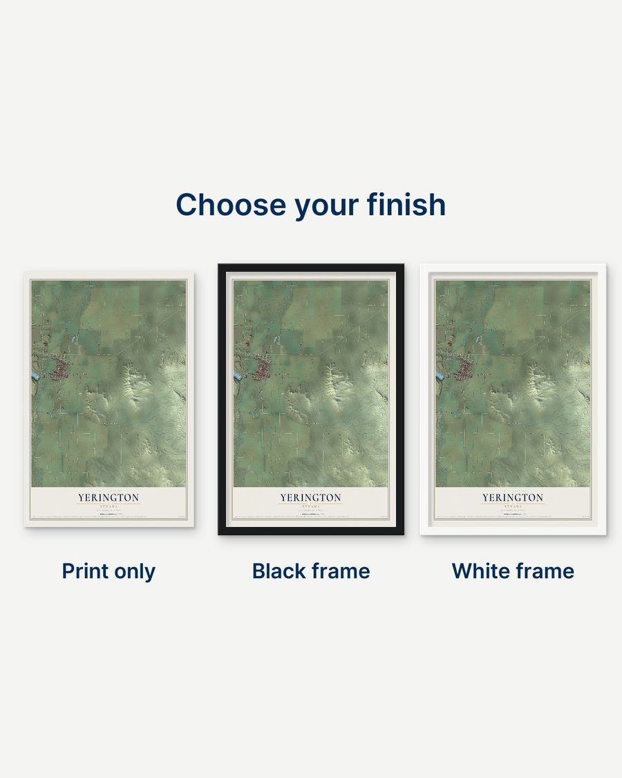The Yerington, Nevada map as a print only, in a black frame and in a white frame
