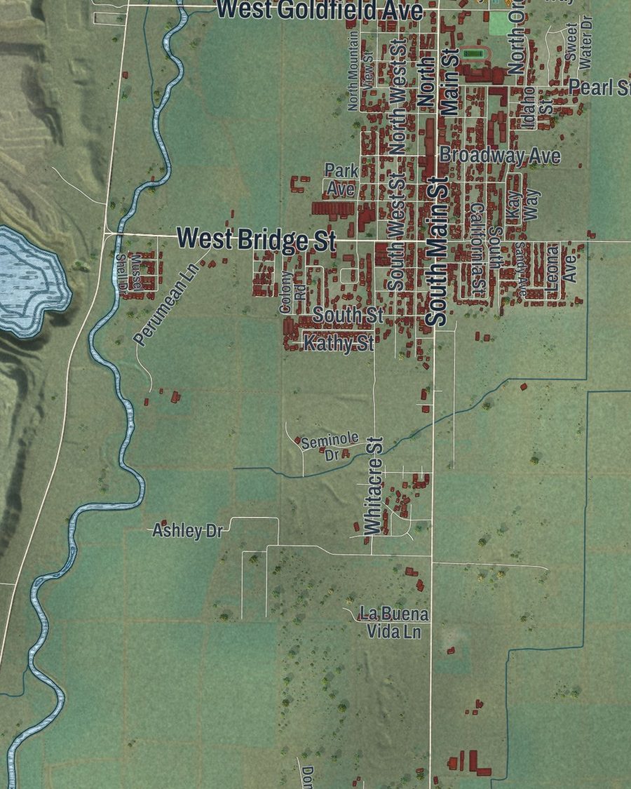 Close-up of Yerington streets on the map