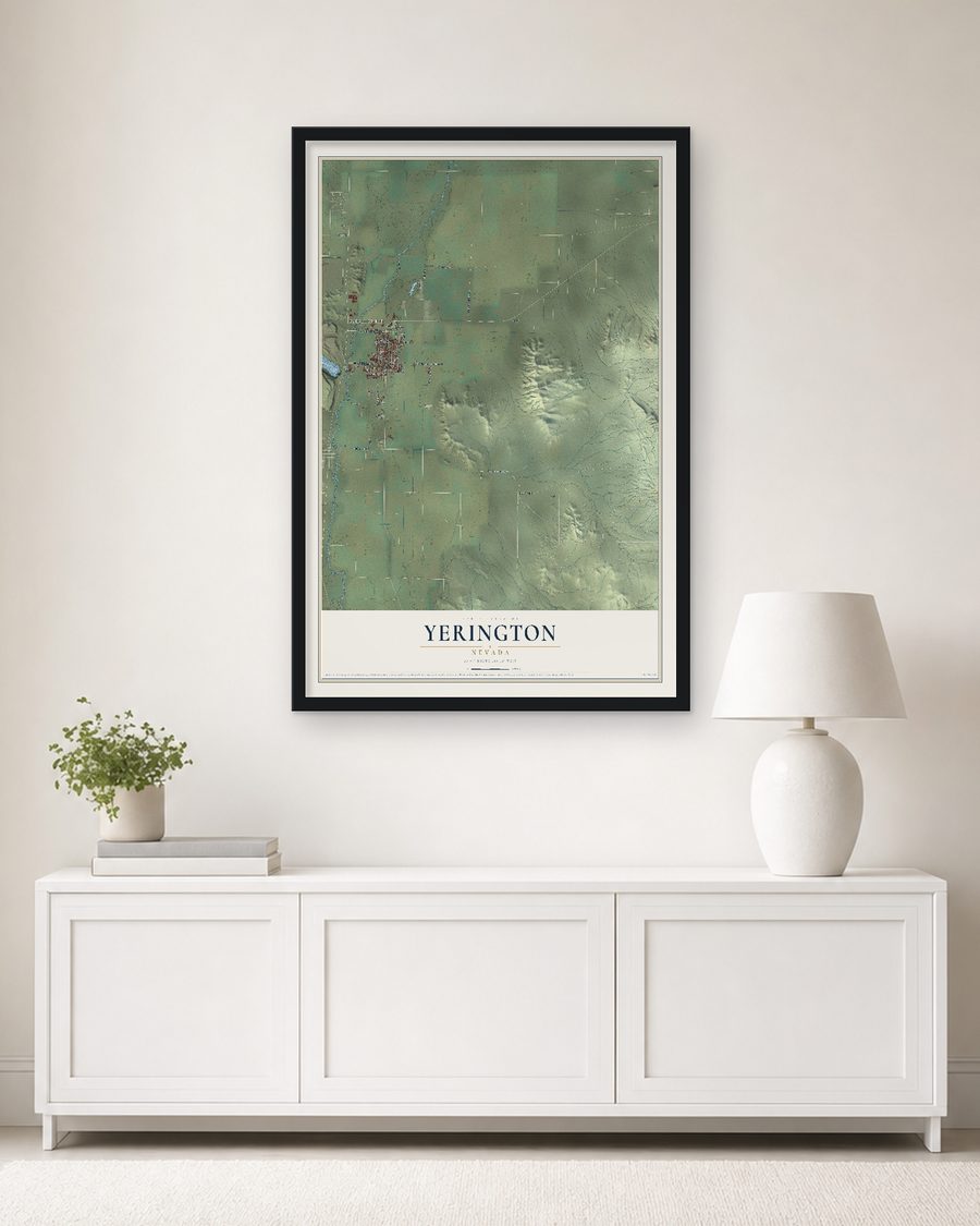 The Yerington, Nevada map, 24 x 36 in, in a black wood frame on a living room wall