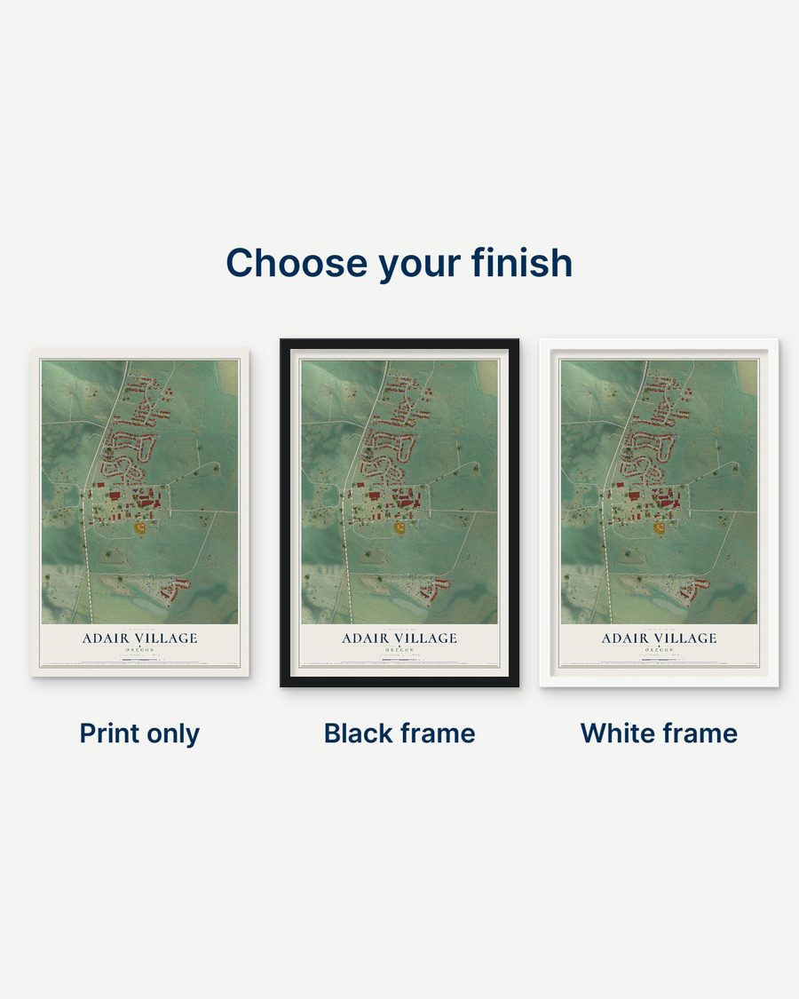 The Adair Village, Oregon map as a print only, in a black frame and in a white frame