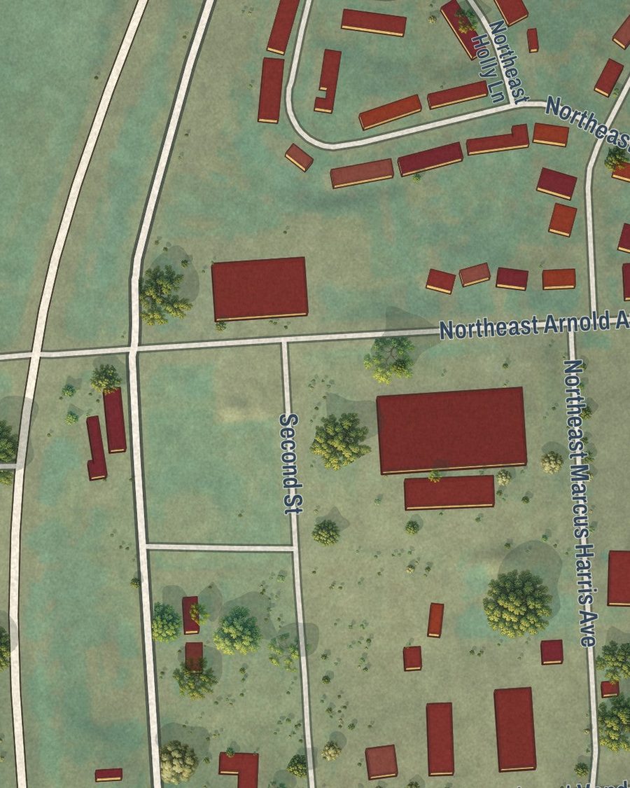 Close-up of Adair Village streets on the map