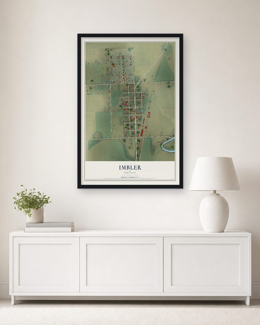 The Imbler, Oregon map, 24 x 36 in, in a black wood frame on a living room wall