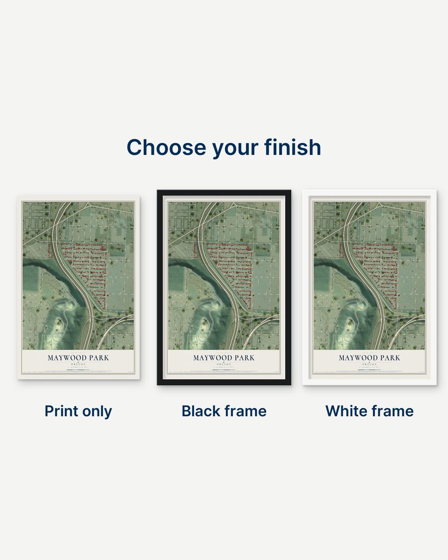 The Maywood Park, Oregon map as a print only, in a black frame and in a white frame