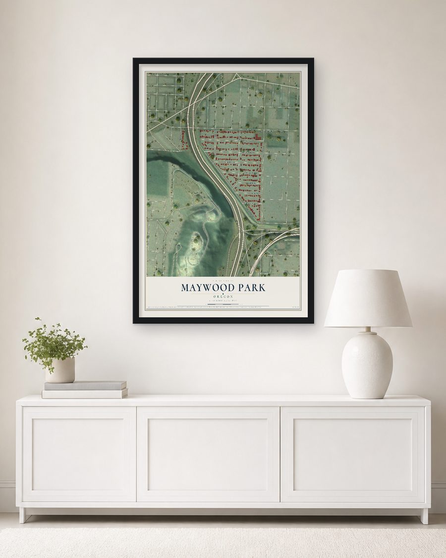 The Maywood Park, Oregon map, 24 x 36 in, in a black wood frame on a living room wall