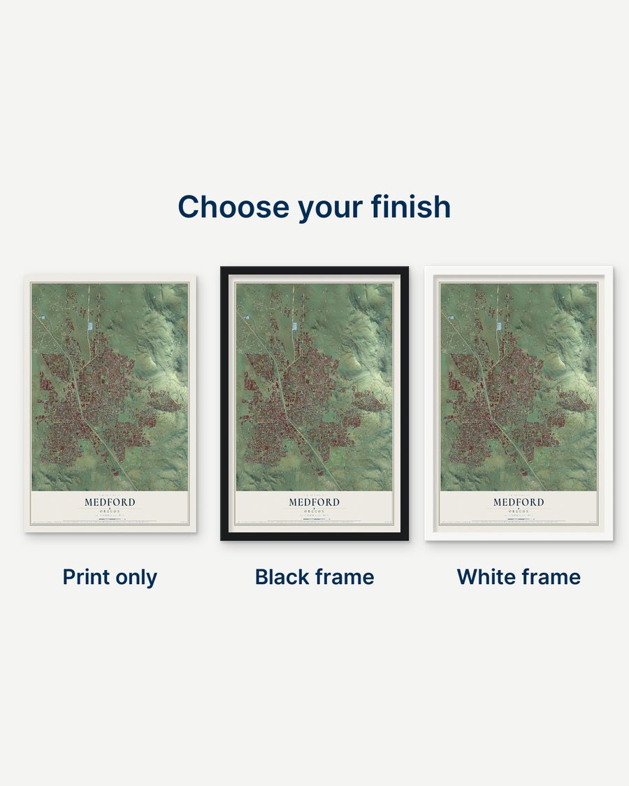 The Medford, Oregon map as a print only, in a black frame and in a white frame